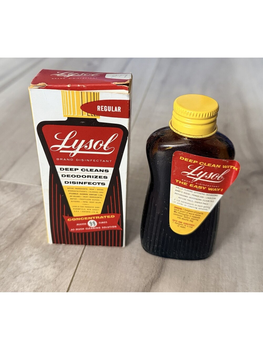 Vtg MCM Concentrated Lysol Brand Brown Glass Bottle 2 oz & Original Box 2/3 Full